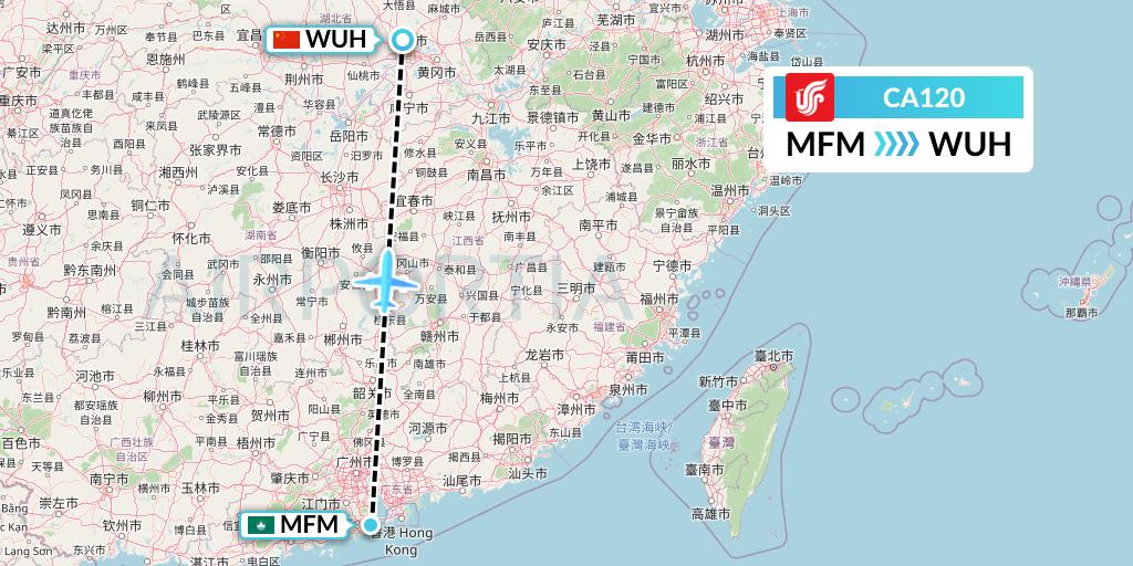 CA120 Air China Flight Map: Macau to Wuhan