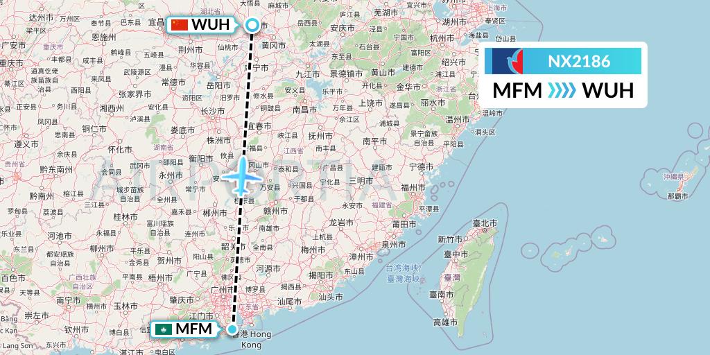 NX2186 Air Macau Flight Map: Macau to Wuhan