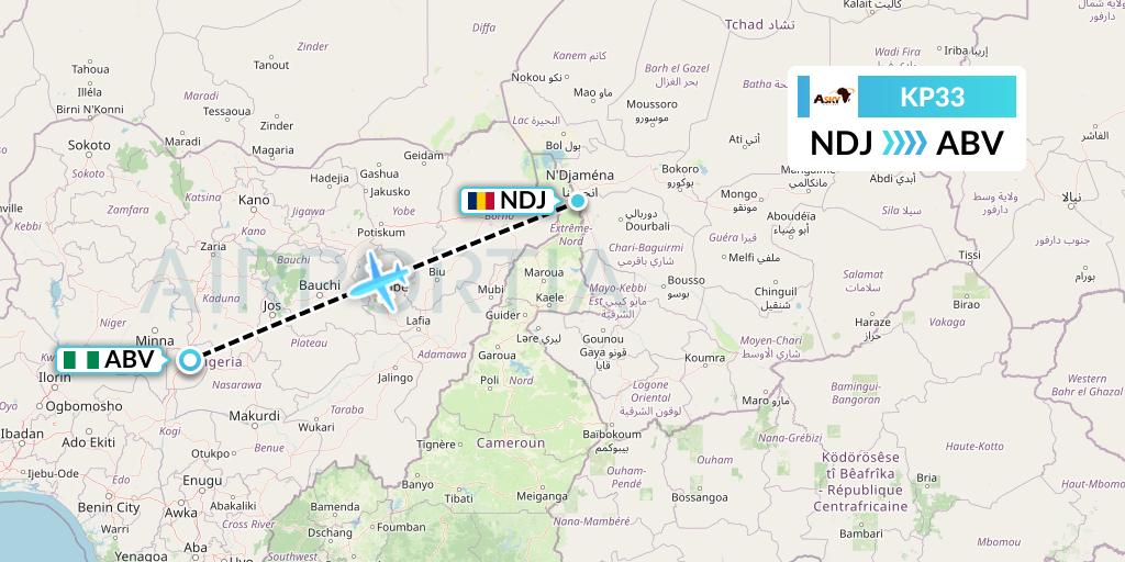 KP33 ASKY Flight Map: N'Djamena to Abuja