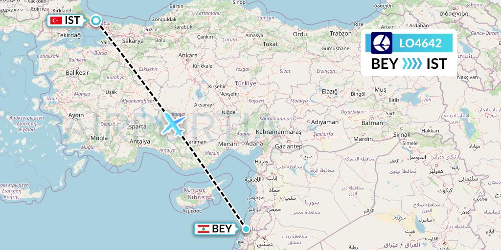 LO4642 LOT Flight Map: Beirut to Istanbul