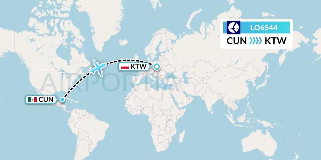 LO6544 LOT Flight Map: Cancun to Katowice