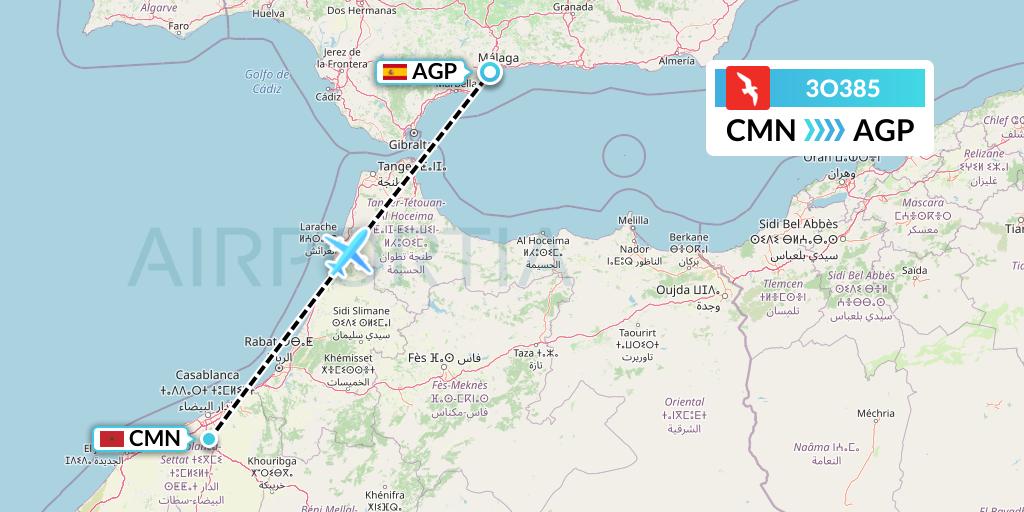 3O385 Air Arabia Maroc Flight Map: Casablanca to Malaga