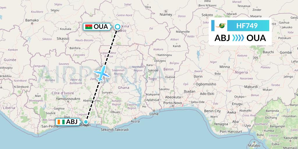 HF749 Air Cote d'Ivoire Flight Map: Abidjan to Ouagadougou