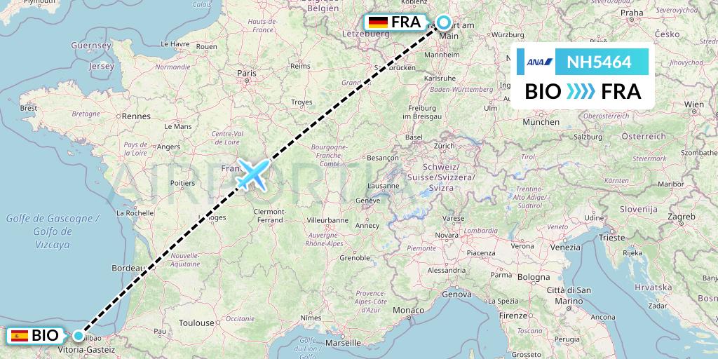 NH5464 All Nippon Airways Flight Map: Bilbao to Frankfurt