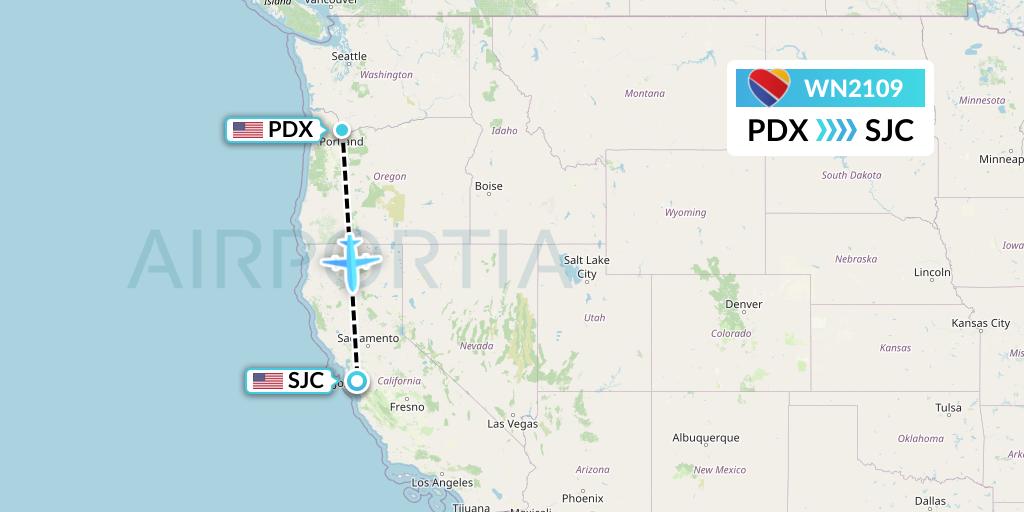 WN2109 Southwest Airlines Flight Map: Portland to San Jose