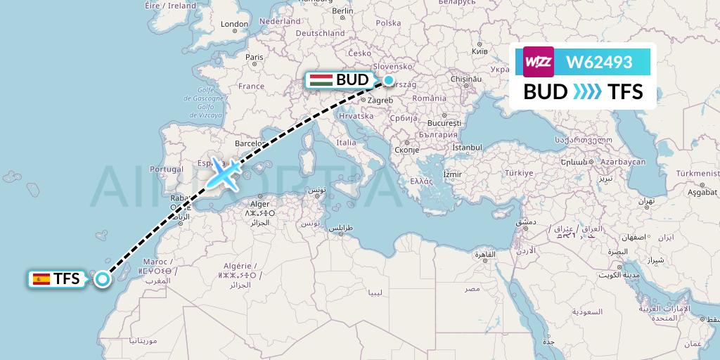 W62493 Wizz Air Flight Map: Budapest to Tenerife