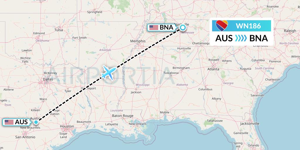WN186 Southwest Airlines Flight Map: Austin to Nashville