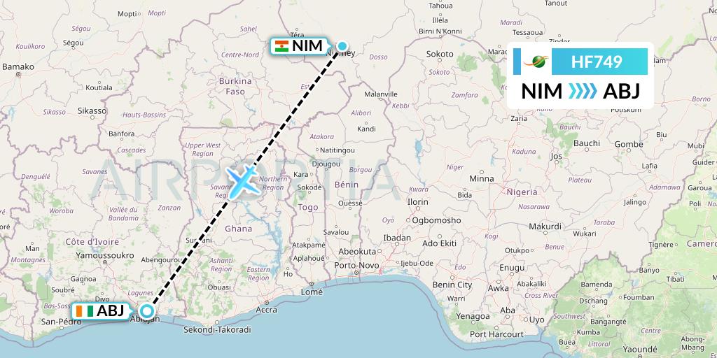 HF749 Air Cote d'Ivoire Flight Map: Niamey to Abidjan