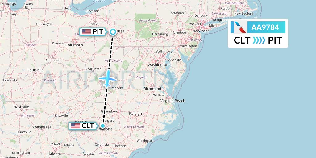 AA9784 American Airlines Flight Map: Charlotte to Pittsburgh