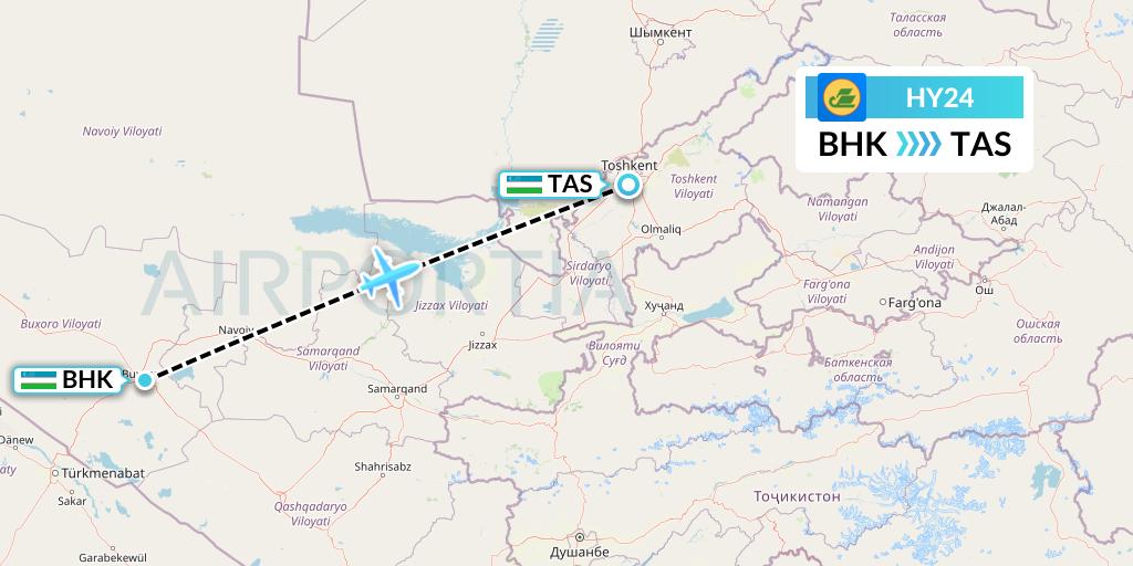 HY24 Uzbekistan Airways Flight Map: Bukhara to Tashkent