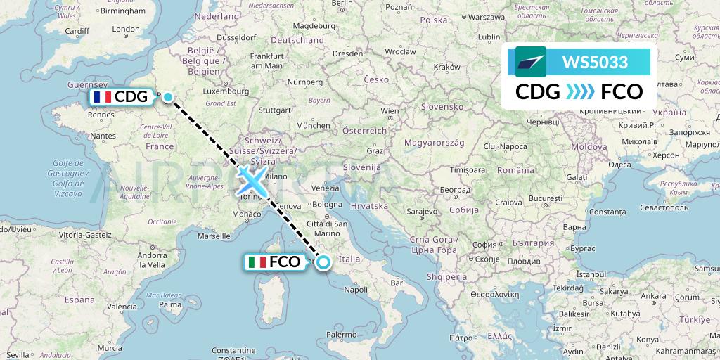 WS5033 WestJet Flight Map: Paris to Rome