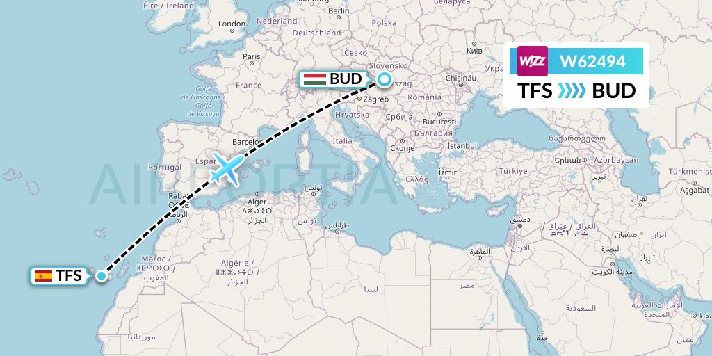 W62494 Wizz Air Flight Map: Tenerife to Budapest
