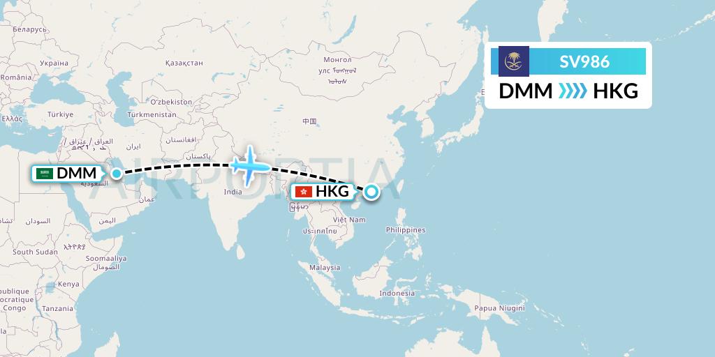 SV986 Saudi Arabian Airlines Flight Map: Dammam to Hong Kong
