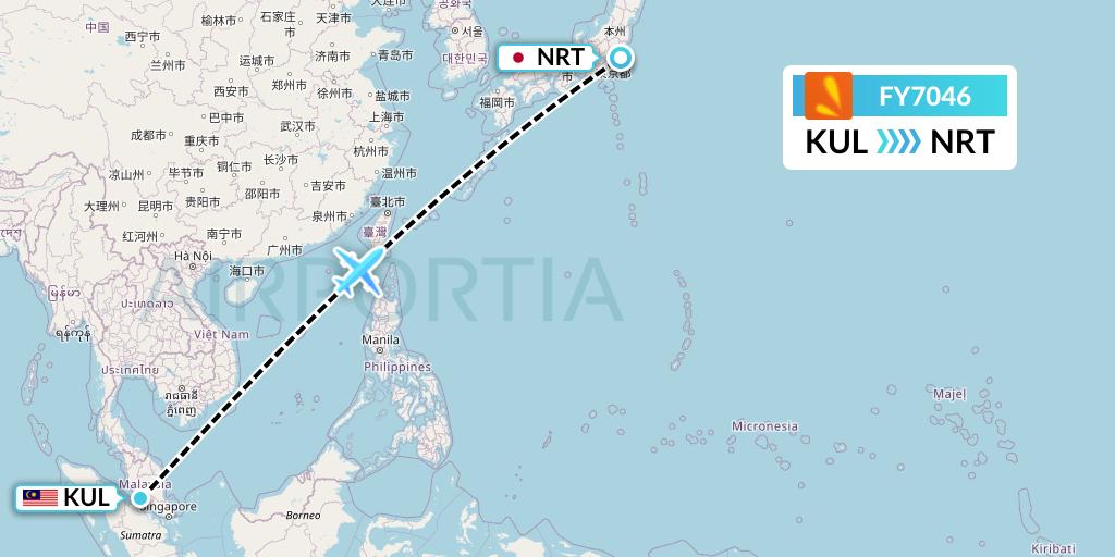 FY7046 Firefly Flight Map: Kuala Lumpur to Tokyo