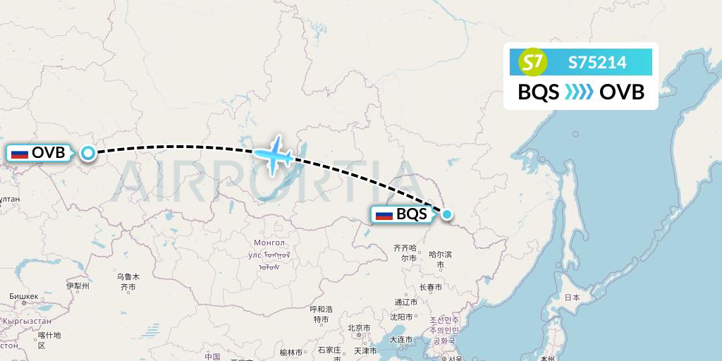 S75214 S7 Airlines Flight Map: Blagoveshchensk to Novosibirsk