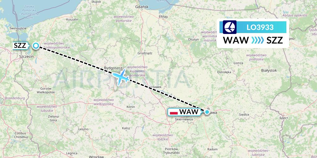 LO3933 LOT Flight Map: Warsaw to Szczecin