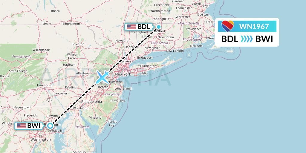WN1967 Southwest Airlines Flight Map: Windsor Locks to Baltimore