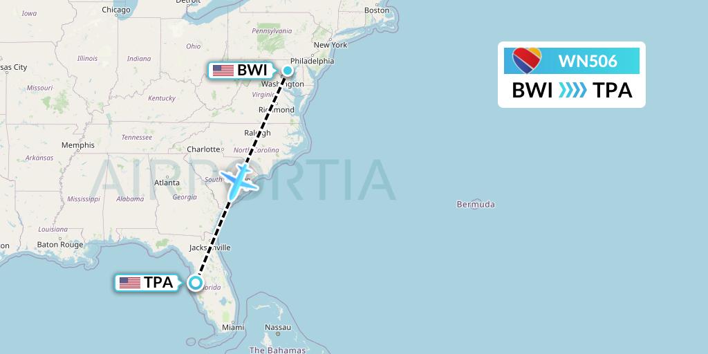 WN506 Southwest Airlines Flight Map: Baltimore to Tampa
