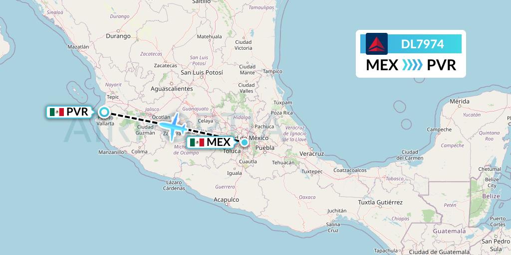 DL7974 Delta Air Lines Flight Map: Mexico City to Puerto Vallarta