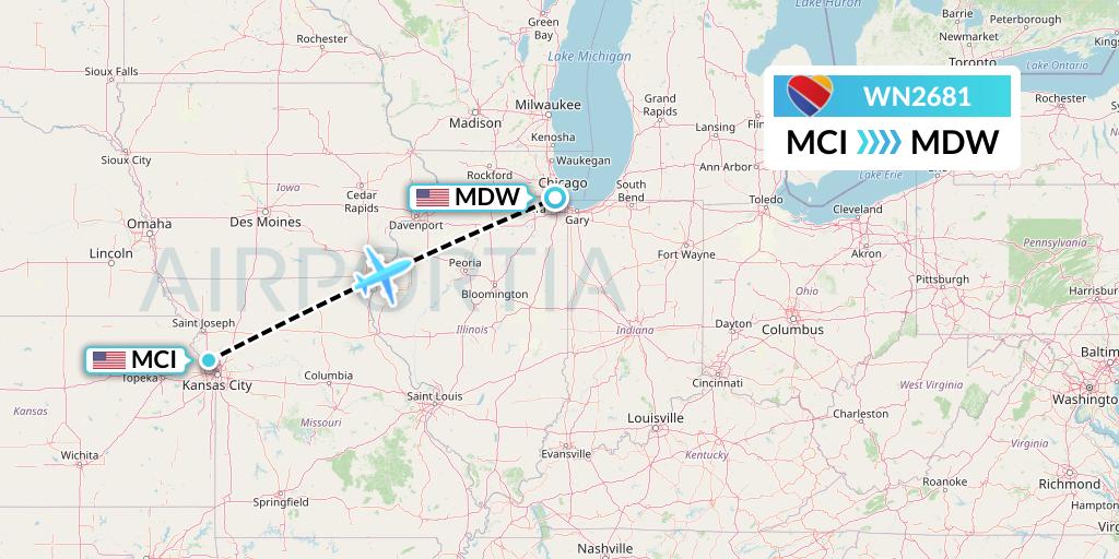 WN2681 Southwest Airlines Flight Map: Kansas City to Chicago