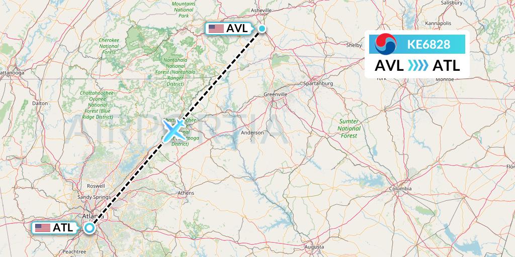 KE6828 Korean Air Flight Map: Asheville to Atlanta
