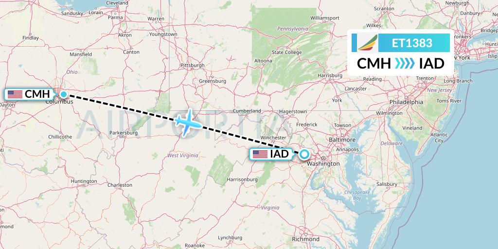 ET1383 Ethiopian Airlines Flight Map: Columbus to Washington