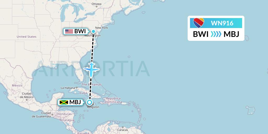 WN916 Southwest Airlines Flight Map: Baltimore to Montego Bay