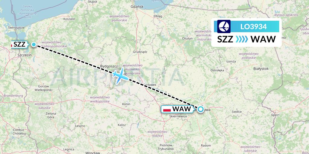 LO3934 LOT Flight Map: Szczecin to Warsaw