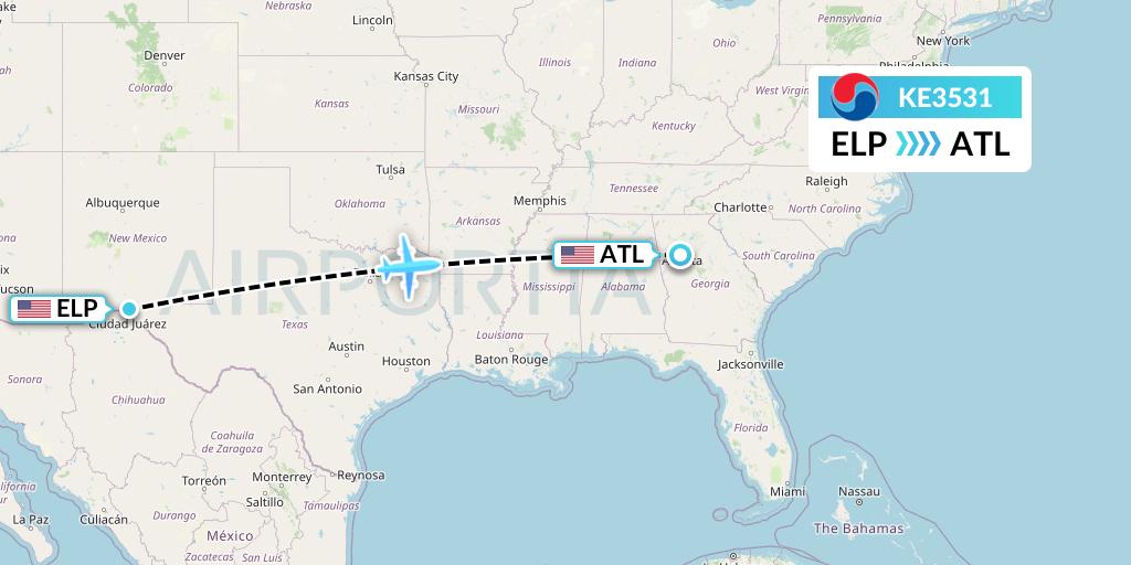 KE3531 Korean Air Flight Map: El Paso to Atlanta