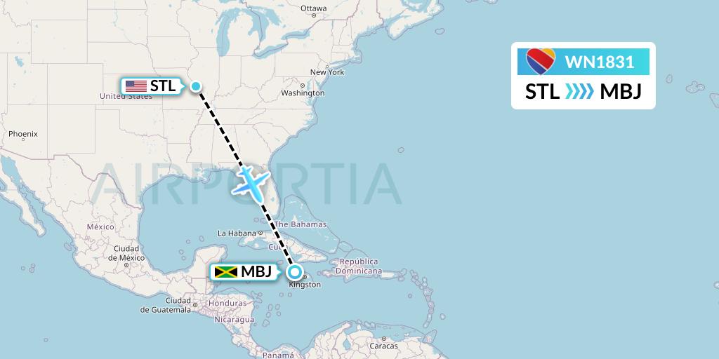 WN1831 Southwest Airlines Flight Map: St. Louis to Montego Bay