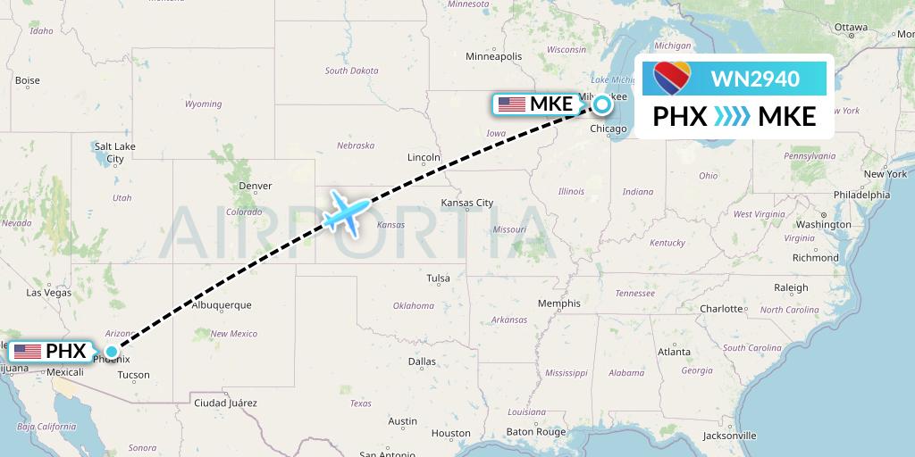 WN2940 Southwest Airlines Flight Map: Phoenix to Milwaukee
