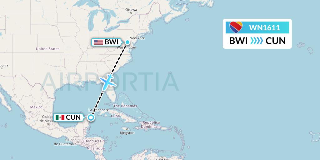 WN1611 Southwest Airlines Flight Map: Baltimore to Cancun