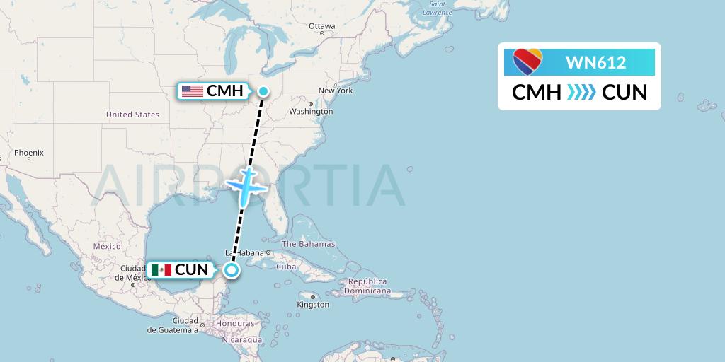 WN612 Southwest Airlines Flight Map: Columbus to Cancun