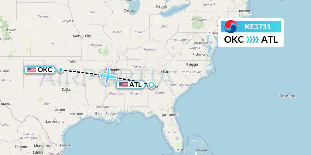 KE3731 Korean Air Flight Map: Oklahoma City to Atlanta