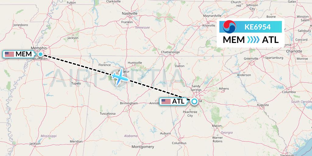 KE6954 Korean Air Flight Map: Memphis to Atlanta