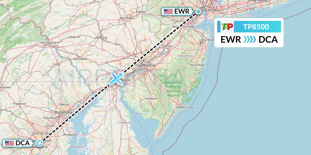 TP8500 TAP Portugal Flight Map: New York to Washington