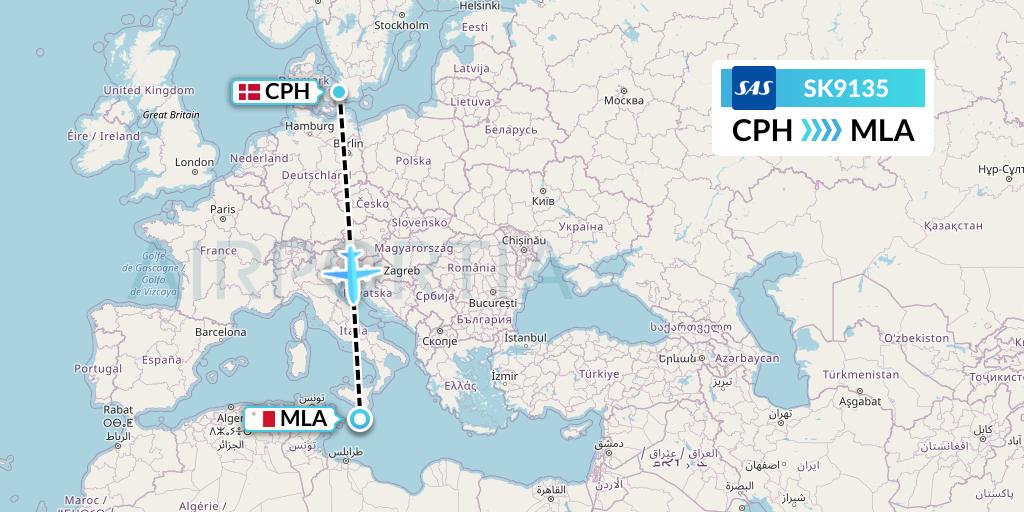 SK9135 SAS Flight Map: Copenhagen to Malta