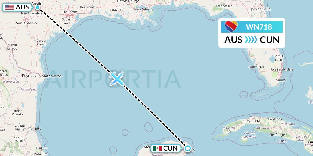 WN718 Southwest Airlines Flight Map: Austin to Cancun