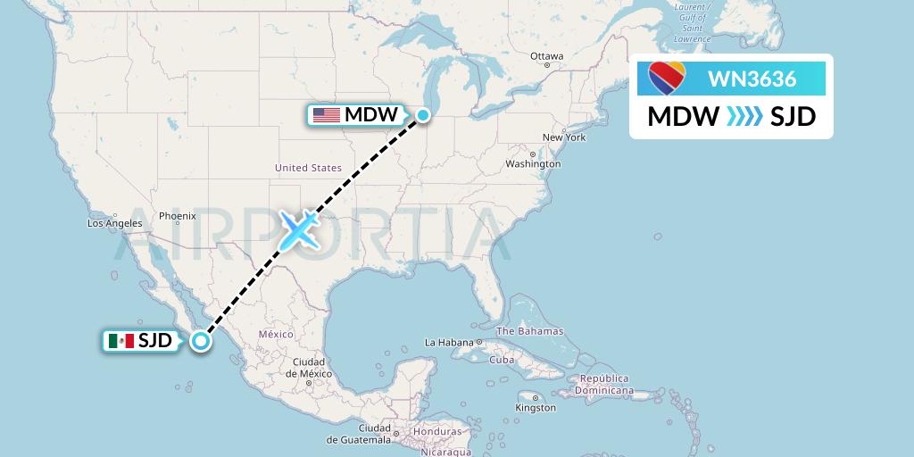 WN3636 Southwest Airlines Flight Map: Chicago to San Jose del Cabo