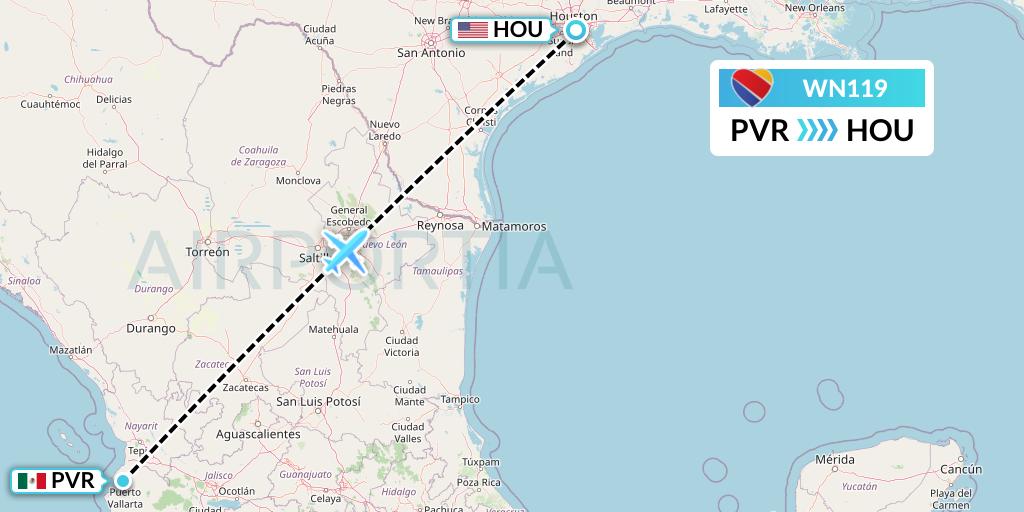 WN119 Southwest Airlines Flight Map: Puerto Vallarta to Houston
