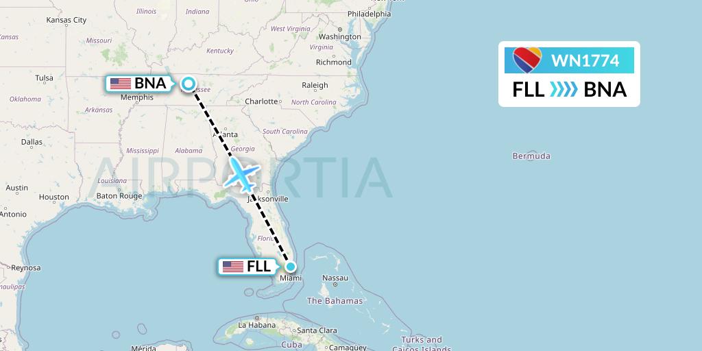 WN1774 Southwest Airlines Flight Map: Fort Lauderdale to Nashville