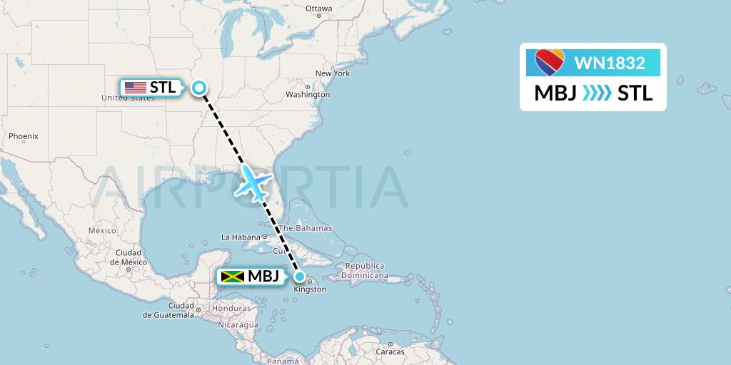 WN1832 Southwest Airlines Flight Map: Montego Bay to St. Louis