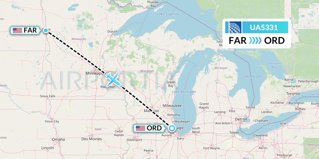UA5331 United Airlines Flight Map: Fargo to Chicago