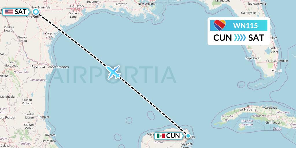WN115 Southwest Airlines Flight Map: Cancun to San Antonio