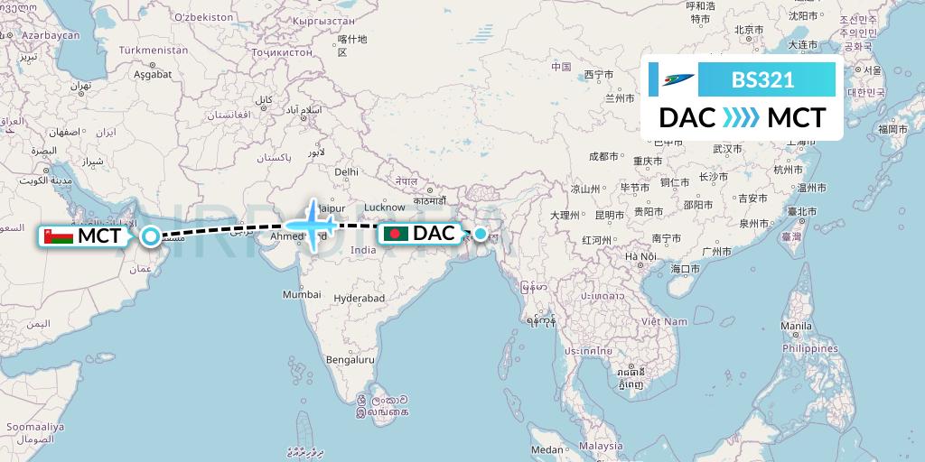 BS321 US-Bangla Airlines Flight Map: Dhaka to Muscat