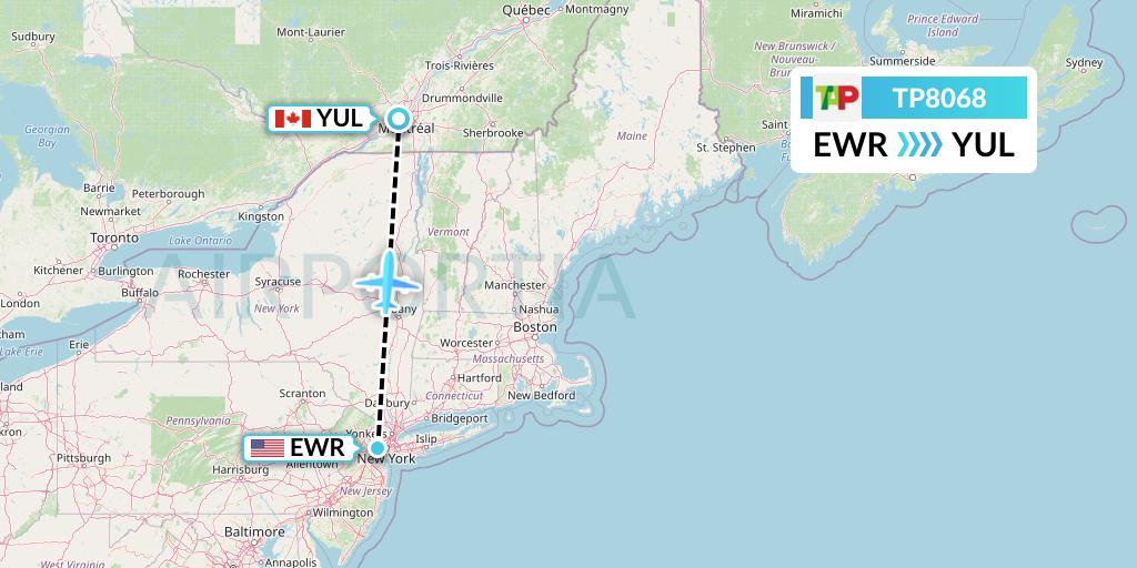 TP8068 TAP Portugal Flight Map: New York to Montreal