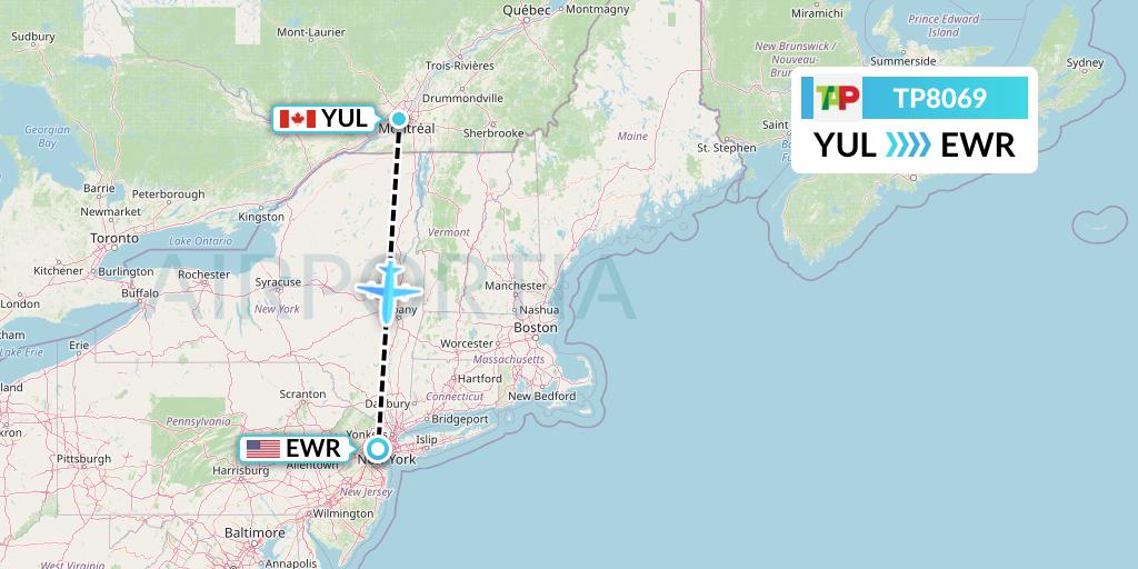 TP8069 TAP Portugal Flight Map: Montreal to New York