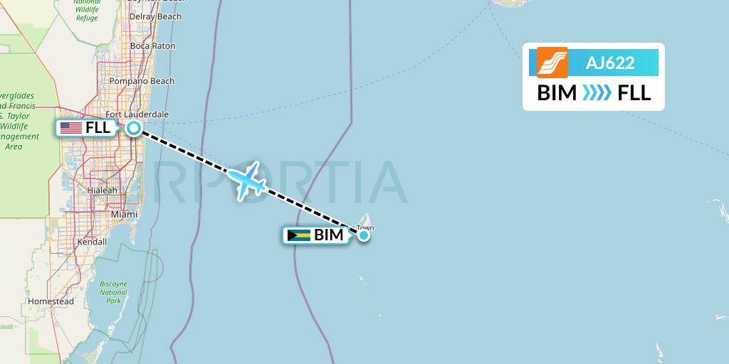 AJ622 Aztec Airways Flight Map: South Bimini to Fort Lauderdale