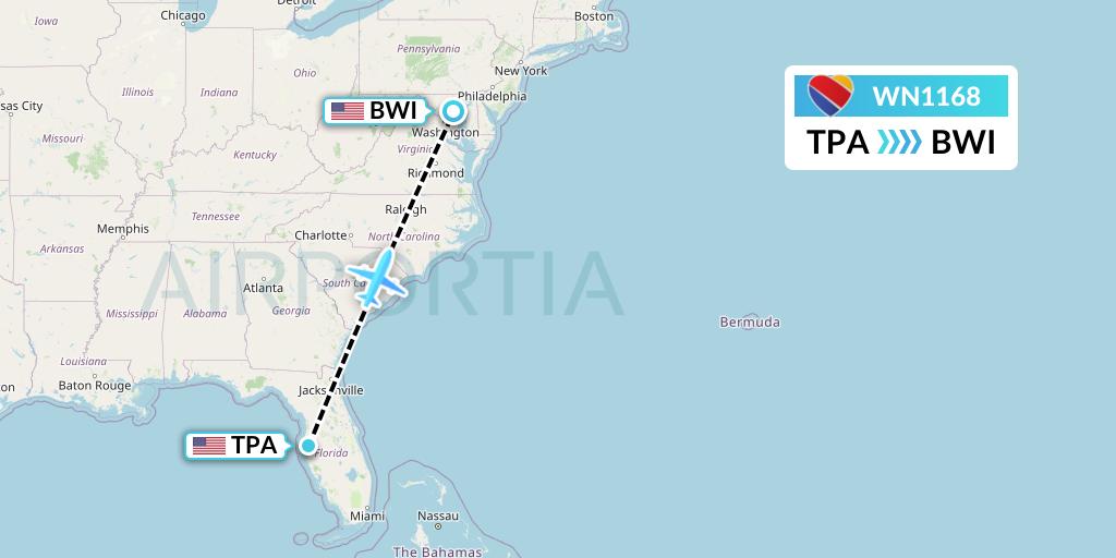 WN1168 Southwest Airlines Flight Map: Tampa to Baltimore