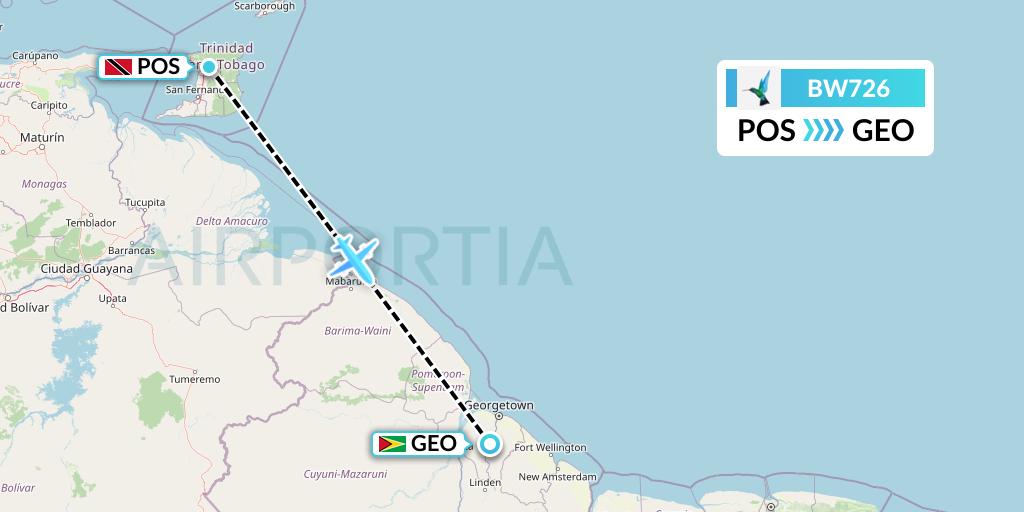 BW726 Caribbean Airlines Flight Map: Port of Spain to Georgetown